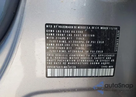 2020 Volkswagen Tiguan 2.0T Se/2.0T Se R-Line Black/2.0T Sel из США, поврежденный, VIN 3VV3B7AX2LM070128